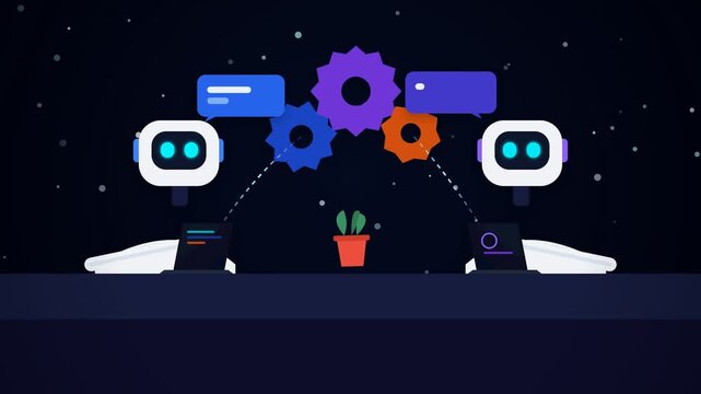 Two robots communicating with gear mechanism on dark background