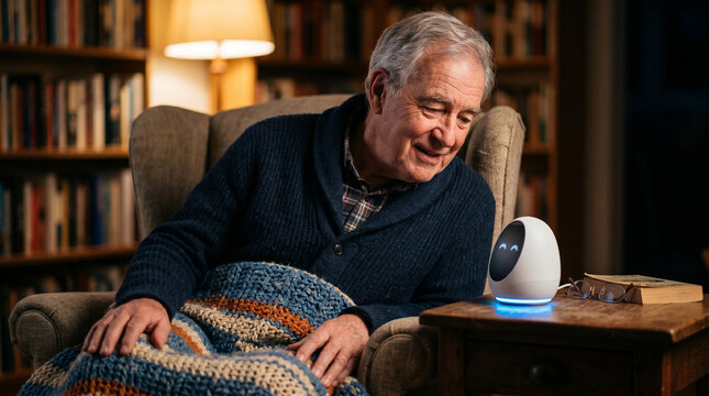Senior man interacting with AI robot companion in cozy home library