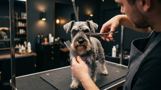 Male groomer trimming gray schnauzer dog with sharp scissors in modern pet salon