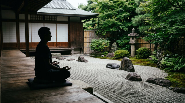 Person meditating on wooden deck overlooking zen garden with raked gravel