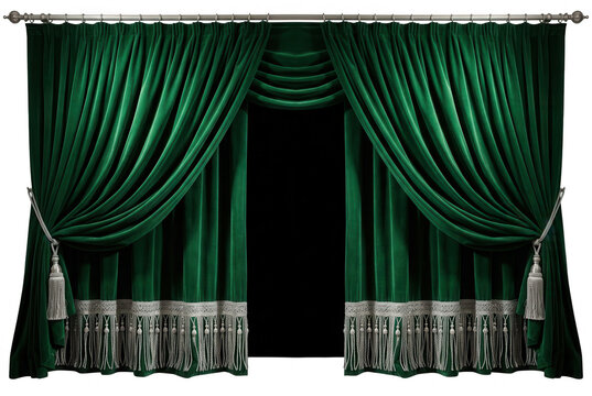 Cortinas de veludo verde luxuosas com borlas e fundo preto