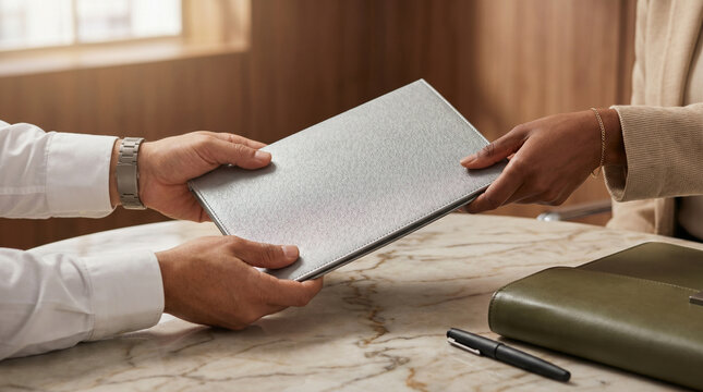 Close up of business people exchanging a grey folder on marble table