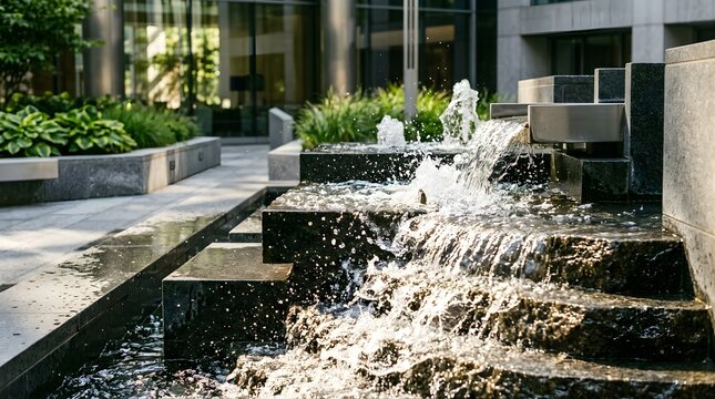 Modern tiered stone water fountain flowing in an urban office courtyard