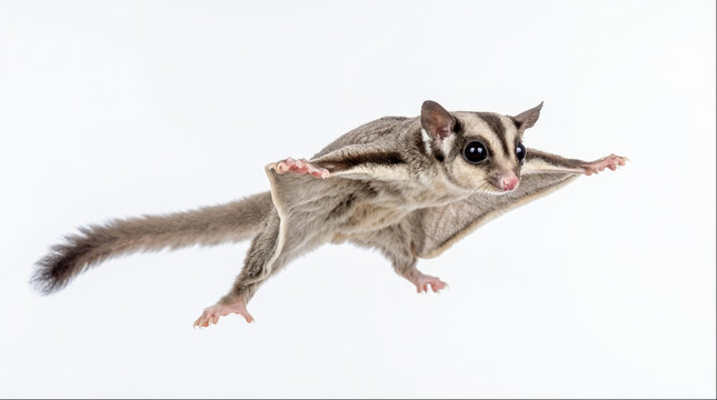 Sugar glider gliding with spread membrane on white background