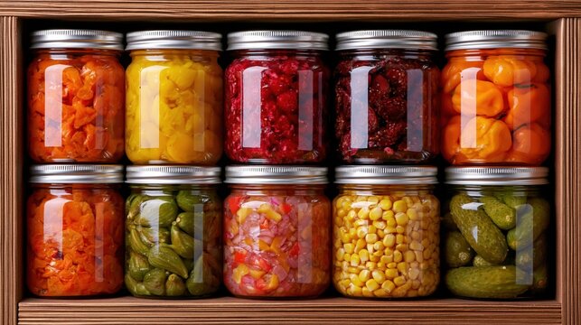 Organized pantry shelves filled with colorful jars of preserved fruits and vegetables