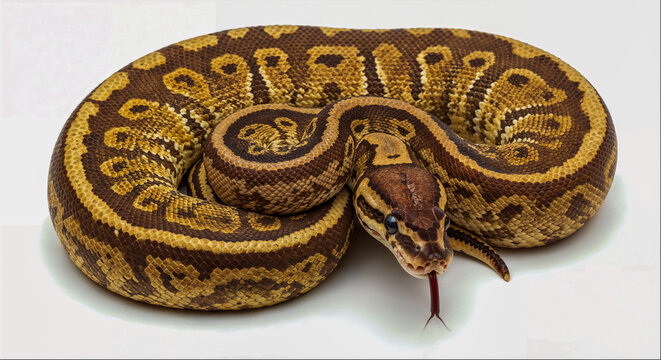 Ball python coiled with tongue out on white background