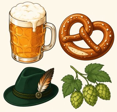 Beer in mug next to pretzel hat with feather and hops representing Oktoberfest traditions at lively event on light background