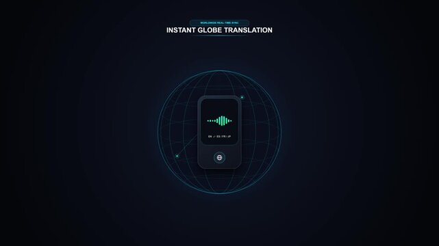 Futuristic Instant Globe Translation Technology Interface with Sound Wave Animation