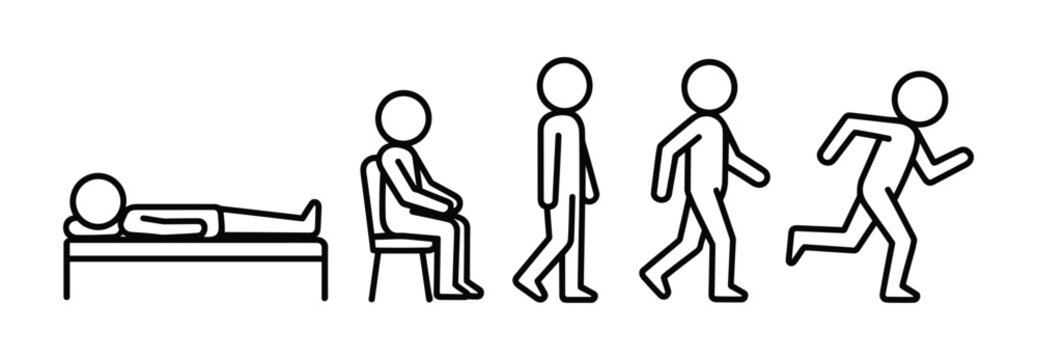 Human Lifecycle Progression. A minimalist illustration depicting the progression of human activity from rest to running. From lying down to sitting, standing, walking, and finally running.