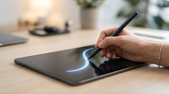 Person using a digital stylus on a tablet screen in a bright office