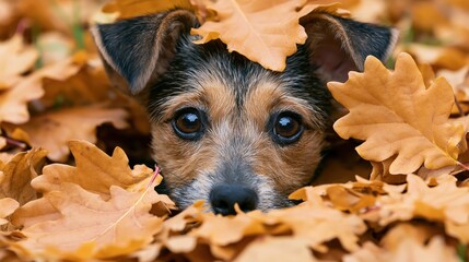 Fototapeta premium Small terrier mix dog peeking out from a pile of fallen autumn oak leaves