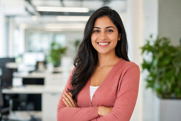 Fototapeta premium Portrait of a smiling young woman with long dark hair and crossed arms wearing a peach cardigan in a bright office with blurred desks