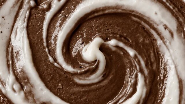 Rich Chocolate Sauce with Creamy White Swirl in Circular Spiral Pattern, Glossy Thick Texture, Close-Up Food Background with Irregular Flowing Curve Abstract Chocolate and Cream Swirl Features