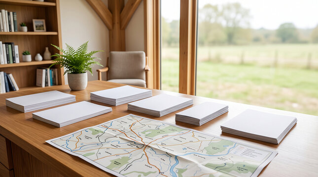 Countryside relocation consultation desk blank sheets regional map rural migration support copy space