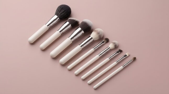 A professional set of various makeup brushes arranged in a neat row on a soft pink background