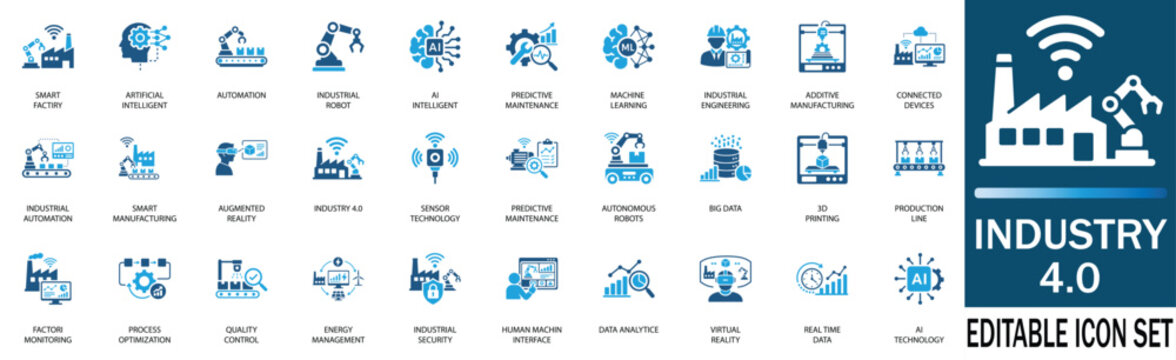Industry 4.0 and smart factory icon set featuring industrial automation, AI, robotics, predictive maintenance, 3D printing and IoT glyph icons.