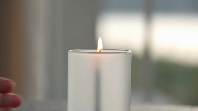 Hands light white candle as small flame catches wick, then hand withdraws while candle burns steadily on pale surface with softly blurred bright background in calm home setting