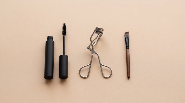 Flat lay composition of essential eye makeup tools including mascara and an eyelash curler on beige background