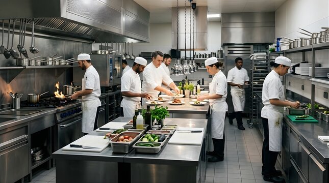 Professional chefs team preparing gourmet meals in a commercial kitchen