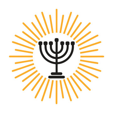 Black menorah icon with an orange sunburst glow effect