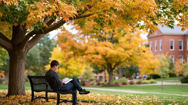 Student reading a book on a park bench under a tree with autumn leaves