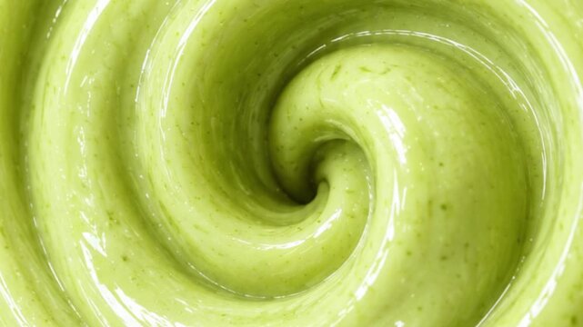 Glossy Green Avocado Cream Spiral with Smooth Swirling Texture and Rich Fresh Food Surface, Macro Close Up Abstract Macro Close Up of Vibrant Green Creamy Avocado Swirl with Glossy Spiral Pattern