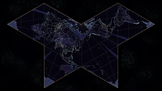 Polyhedral Collignon butterfly projection. Rotating Earth at night with glowing city lights. Cyan and amber borders, animated hexagonal backdrop. Seamless loop. 4K resolution. Night view.