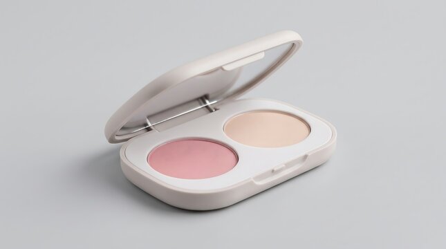 Open compact case with pink and beige blush or eyeshadow powder isolated on a grey background
