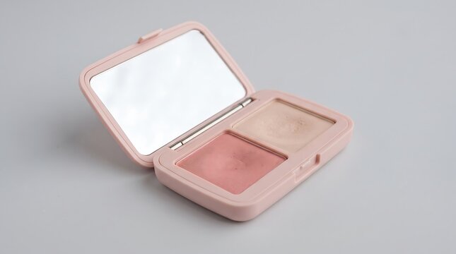 Open compact case with pink blush powder and a mirror isolated on a light grey background