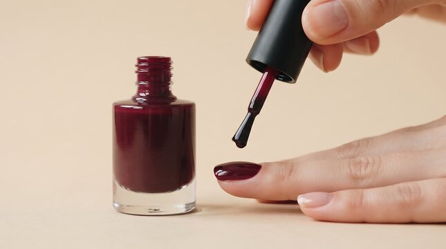 Close up of a woman applying dark red nail polish to her fingernail on a beige background