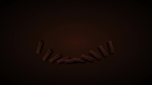 Premium cinematic 3D motion background featuring a stacked architectural tower of dark chocolate blocks that cascade into an elegant flowing wave with molten trails before reassembling.