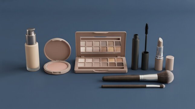 Professional makeup kit with foundation powder eyeshadow palette mascara and cosmetic brushes on a dark blue background