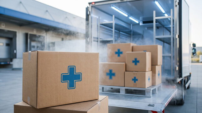 Medical Supply Cold Chain Logistics with Pharmaceutical Boxes in Refrigerated Delivery Truck