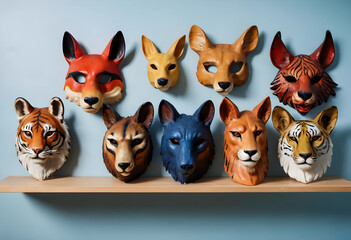 Fototapeta premium Animal masks collection, creative costume and masquerade party props, wildlife art and theatrical performance accessories displayed on a wooden shelf