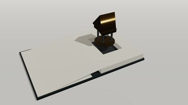 A premium 3D motion graphic of a thick constitution book opening fully before a legal framework mechanically emerges from inside the cavity without clipping.