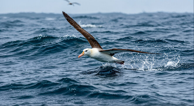 Black-browed albatross gliding low over rough ocean waves