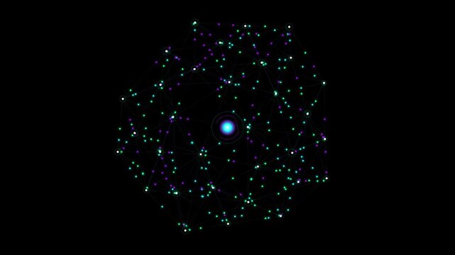 Futuristic atom model with glowing nucleus, scientific particle animation on black background, quantum physics visualization