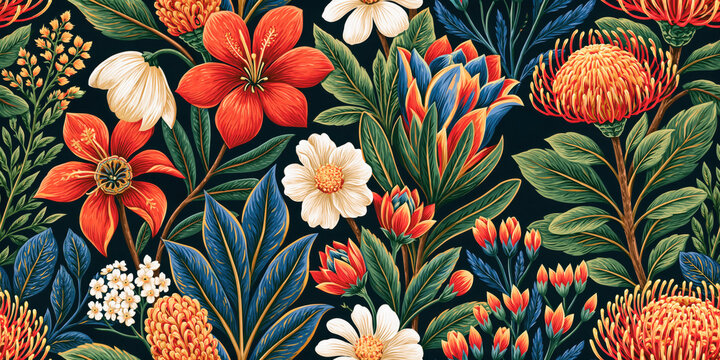 Seamless Vibrant Botanical Floral Pattern With Exotic Flowers And Lush Foliage