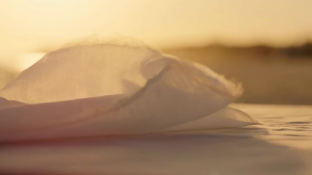White feather gently lifts and settles on a smooth surface in warm golden backlight, with delicate barbs glowing softly against a blurred sunset-toned background