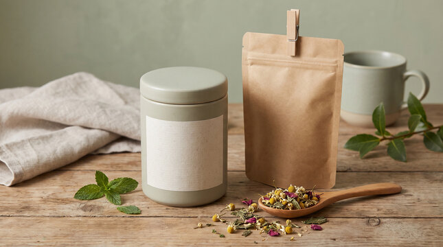 Herbal tea refill packaging set with pouch and dried herbs