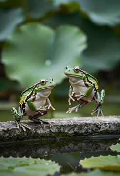 Biodiversity and ecosystem health, two green frogs interacting in a natural pond habitat with lotus leaves in the background for environmental concepts