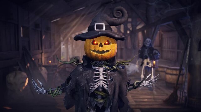 Halloween pumpkin head skeleton talking and scaring in eerie haunted barn. Funny 3D animation for holiday greeting cards, invitations, posters, and party events.