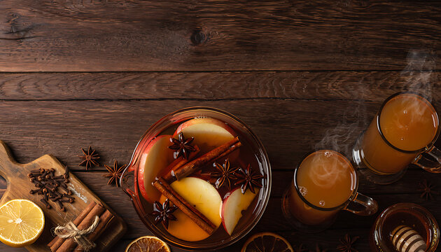 Overhead View of Warm Apple Cider Drink Station with Spices on Dark Oak Surface