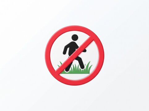 3D Rendered No Stepping On Grass Sign Icon with Red Prohibition Circle and Silhouette Figure on Green Lawn