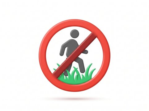 3D Illustration of a Keep Off the Grass Prohibition Sign with a Human Figure and Green Lawn on a White Background