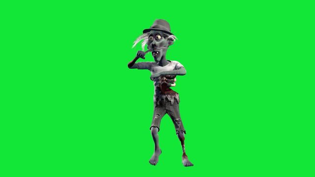 Funny and creepy zombie dancing isolated on a green screen. Halloween 3D animation for greeting cards, invitations, posters, holiday events, parties