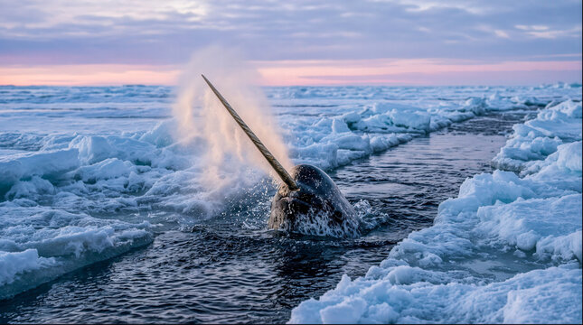 Narwhal surfacing with tusk through arctic sea ice at dusk