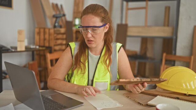 Woman in safety vest holding wooden plank and typing on laptop amid tools and hardhat on table in studio; concentration.