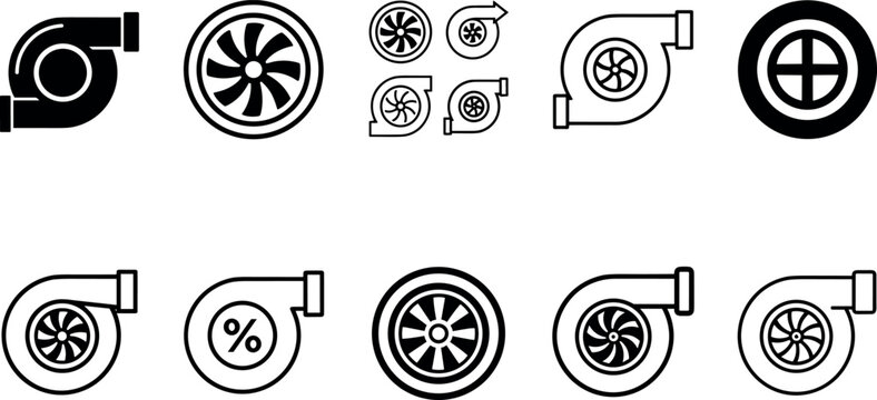 Turbocharger and turbine vector set, automotive engine boost and turbo power components icons collection