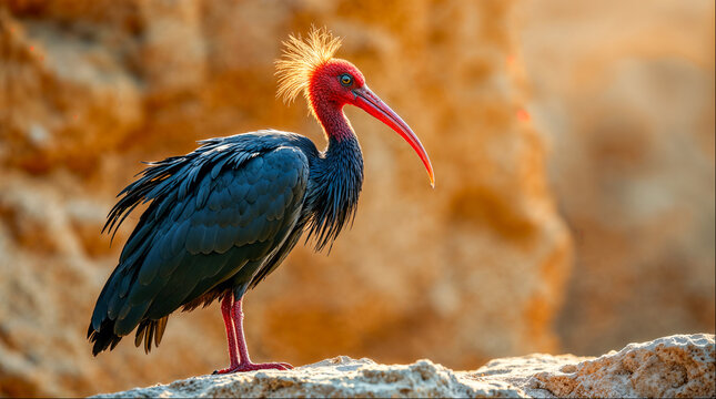 Northern bald ibis with red beak standing on sunlit rock